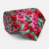 赤桃色のフローラ花のカラフルパターン ネクタイ (ロール)