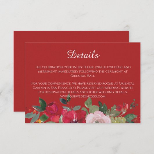 赤桃色モダンフローラ結婚詳細 エンクロージャーカード (正面/裏面)