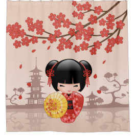 赤桜こけし人形かわいい芸者ガールベージュ シャワーカーテン