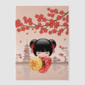 赤桜こけし人形日本の芸者インサート ベラム紙招待状 (正面)