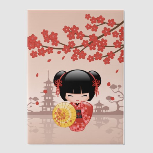 赤桜こけし人形日本の芸者インサート ベラム紙招待状 (正面)