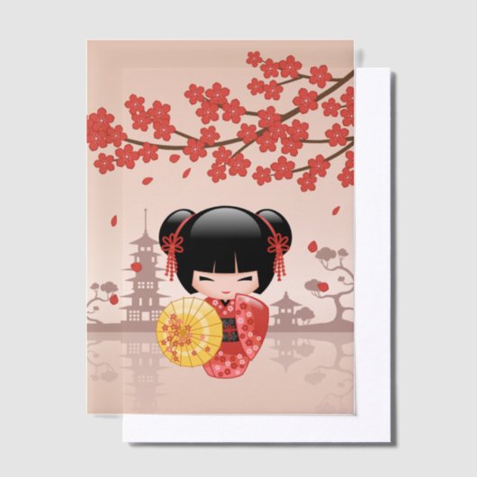 赤桜こけし人形日本の芸者インサート ベラム紙招待状 (オフセット)