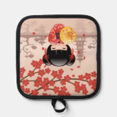 赤桜こけし人形日本の芸者ベージュ 鍋敷き (正面)