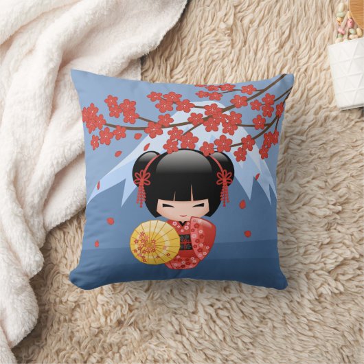 赤桜こけし人形 – かわいい芸者ガール クッション (ブランケット)