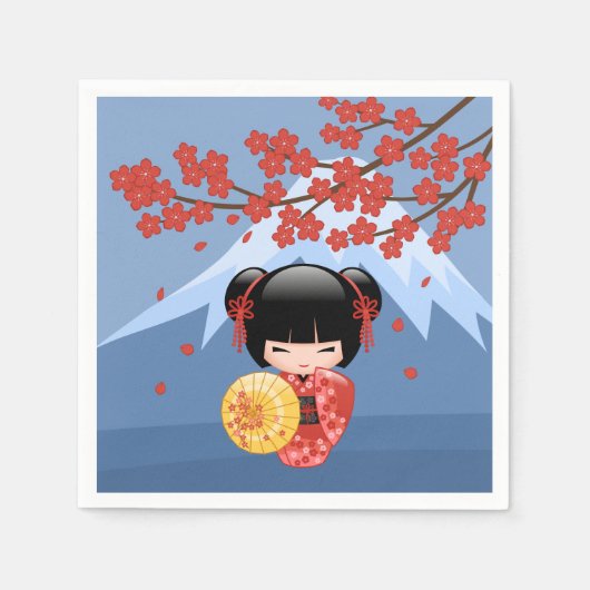 赤桜こけし人形 – かわいい芸者ガール スタンダードカクテルナプキン (正面)