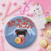 赤桜こけし人形 – かわいい芸者ガール ペーパープレート (パーティー)