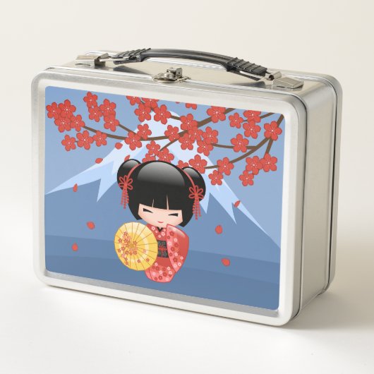 赤桜こけし人形 – かわいい芸者ガール メタルランチボックス (正面)