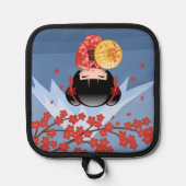 赤桜こけし人形 – かわいい芸者ガール 鍋敷き (正面)