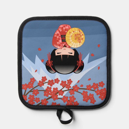 赤桜こけし人形 – かわいい芸者ガール 鍋敷き (正面)