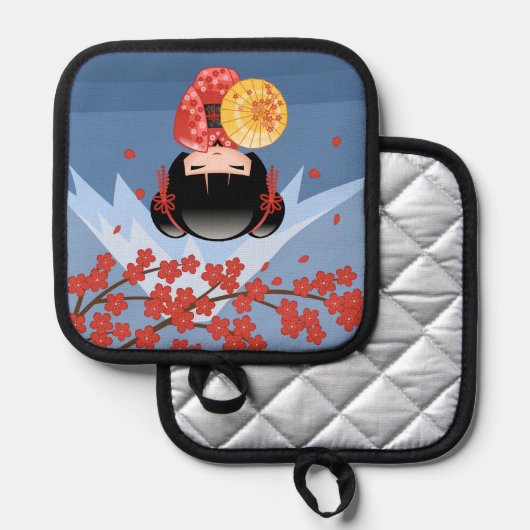 赤桜こけし人形 – かわいい芸者ガール 鍋敷き (正面/裏面)