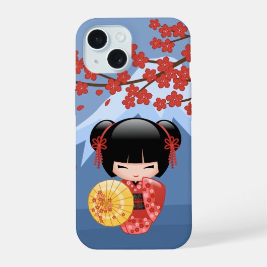赤桜こけし人形 – かわいい芸者ガール iPhone 15ケース (裏面)