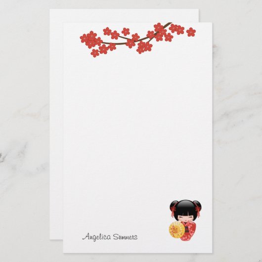 赤桜こけし人形 – 日本の芸者ガール 便箋 (正面/裏面)