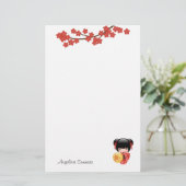赤桜こけし人形 – 日本の芸者ガール 便箋 (スタンド正面)