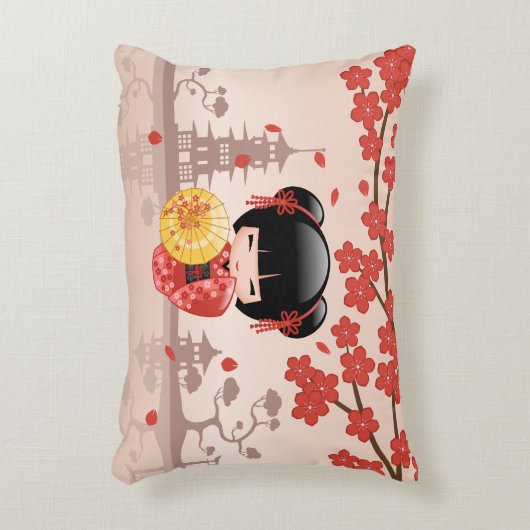 赤桜こけし人形 – 日本の芸者 アクセントクッション (正面(垂直))