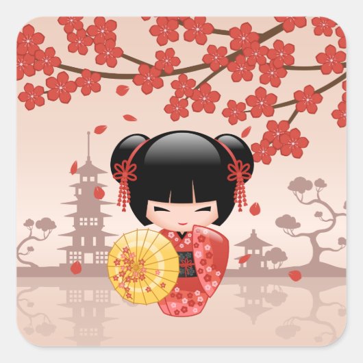 赤桜こけし人形 – 日本の芸者 スクエアシール (正面)