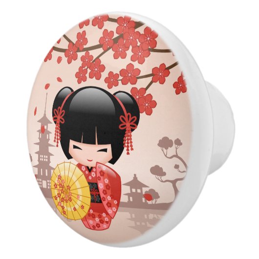 赤桜こけし人形 – 日本の芸者 セラミックノブ (右)