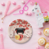 赤桜こけし人形 – 日本の芸者 ペーパープレート (パーティー)