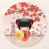 赤桜こけし人形 – 日本の芸者 ラウンドペーパーコースター (正面)