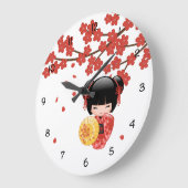 赤桜こけし人形 – 日本の芸者 ラージ壁時計 (傾斜)