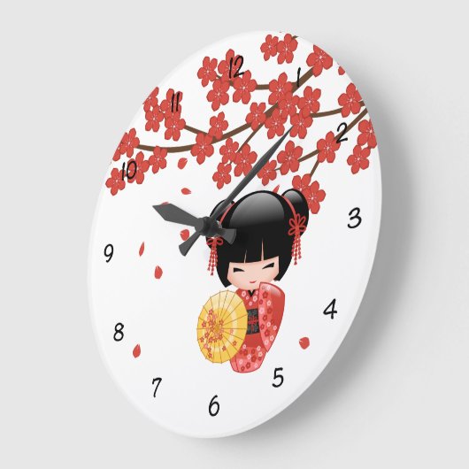 赤桜こけし人形 – 日本の芸者 ラージ壁時計 (傾斜)