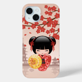 赤桜こけし人形 – 日本の芸者 iPhone 15ケース