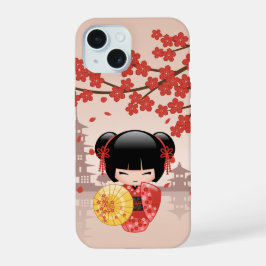 赤桜こけし人形 – 日本の芸者 iPhone 15ケース