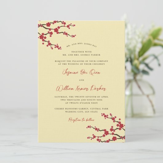 赤桜さくらんぼモダン咲きアジア結婚ズ 招待状 (スタンド正面)