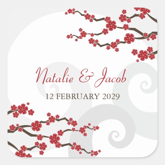 赤桜の花さくらんぼの花の渦巻結婚き スクエアシール (正面)