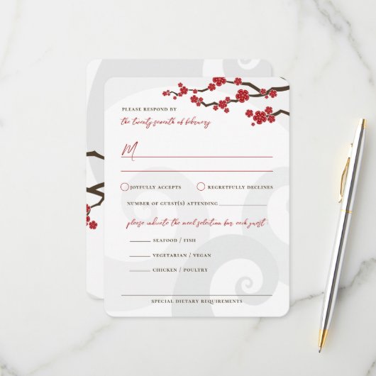 赤桜の花さくらんぼの花の渦巻結婚き 出欠カード (正面/裏面インサイチュ)
