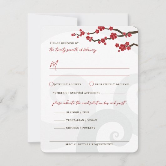 赤桜の花さくらんぼの花の渦巻結婚き 出欠カード (正面)