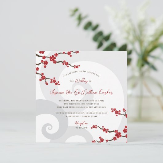 赤桜の花さくらんぼの花の渦巻結婚き 招待状 (スタンド正面)