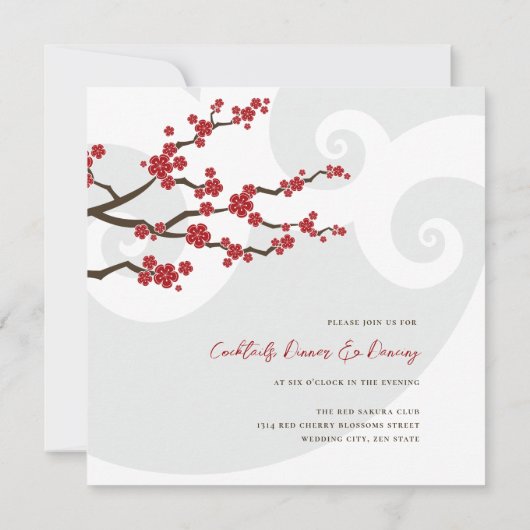赤桜の花さくらんぼの花の渦巻結婚き 招待状 (裏面)