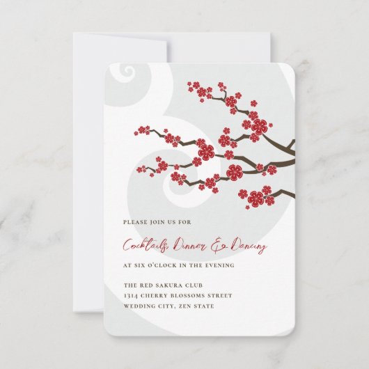 赤桜の花さくらんぼの花の渦巻結婚き 招待状 (正面)
