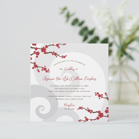 赤桜の花さくらんぼの花の渦巻結婚き 招待状 (スタンド正面)