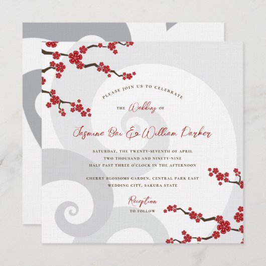 赤桜の花さくらんぼの花の渦巻結婚き 招待状 (正面/裏面)