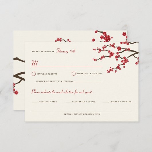 赤桜花さくらんぼ咲きアジア結婚の 出欠カード (正面/裏面)
