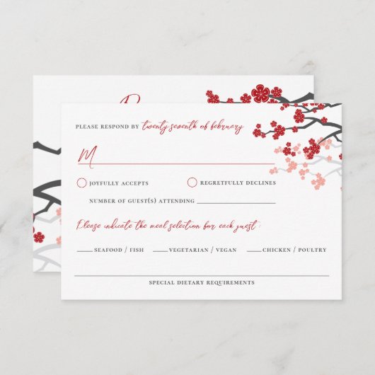 赤桜花さくらんぼ咲きアジア結婚の 出欠カード (正面/裏面)
