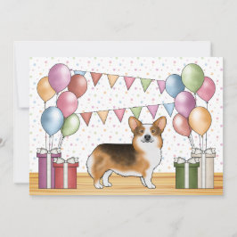 赤毛のトライカラーのペンブロークウェルシュコーギーのキュートな誕生日 招待状