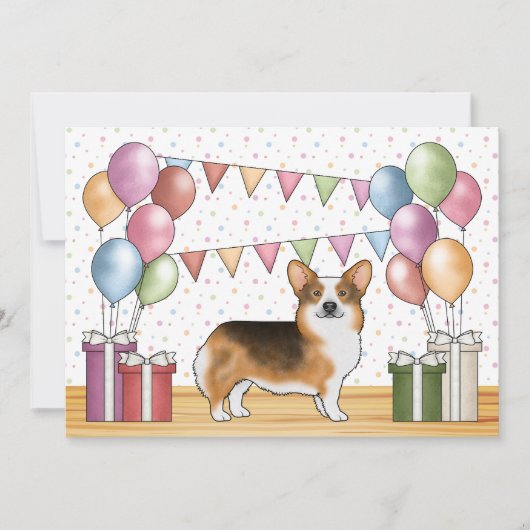 赤毛のトライカラーのペンブロークウェルシュコーギーのキュートな誕生日 招待状 (正面)