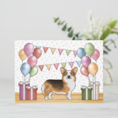 赤毛のトライカラーのペンブロークウェルシュコーギーのキュートな誕生日 招待状 (スタンド正面)