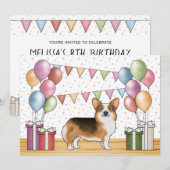 赤毛のトライカラーのペンブロークウェルシュコーギーのキュートな誕生日 招待状 (正面/裏面)