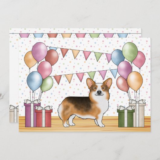 赤毛のトリプルカラー ペンブローク・ウェルシュ・コーギー 誕生日 招待状 (正面/裏面)