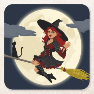 赤毛のハロウィーンの魔女 スクエアペーパーコースター