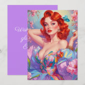 赤毛のピンナップ・ガールとイースターエッグとピンクの花 シーズンカード (正面/裏面)