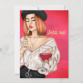 赤毛のフランス人ワインボトルを持つ花嫁の友人たちのパーティー 招待状 (正面)