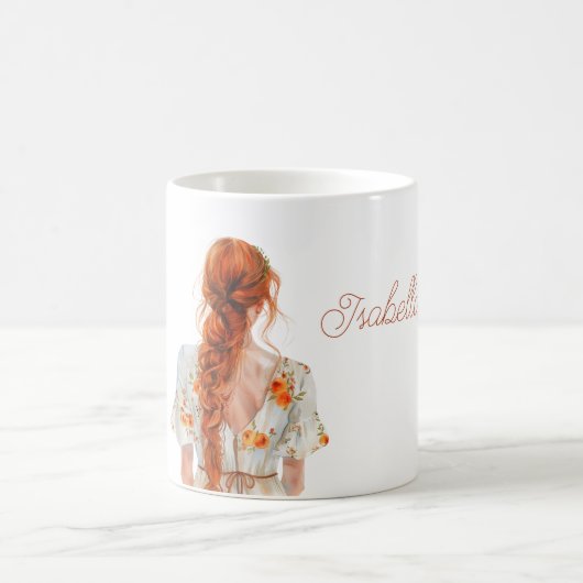 赤毛の三つ編み髪の花柄ドレス コーヒーマグカップ (中央)