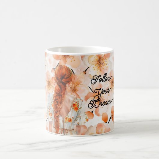 赤毛の三つ編み髪の花柄ドレス コーヒーマグカップ (中央)