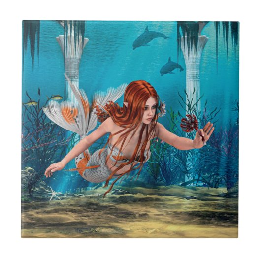 赤毛の人魚の幻想的な水中アート タイル (正面)