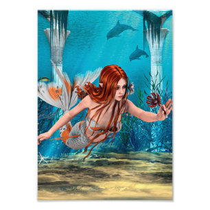 赤毛の人魚の幻想的な水中アート フォトプリント