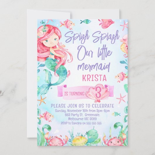 赤毛の人魚 海の中の誕生日招待状 招待状 (正面)